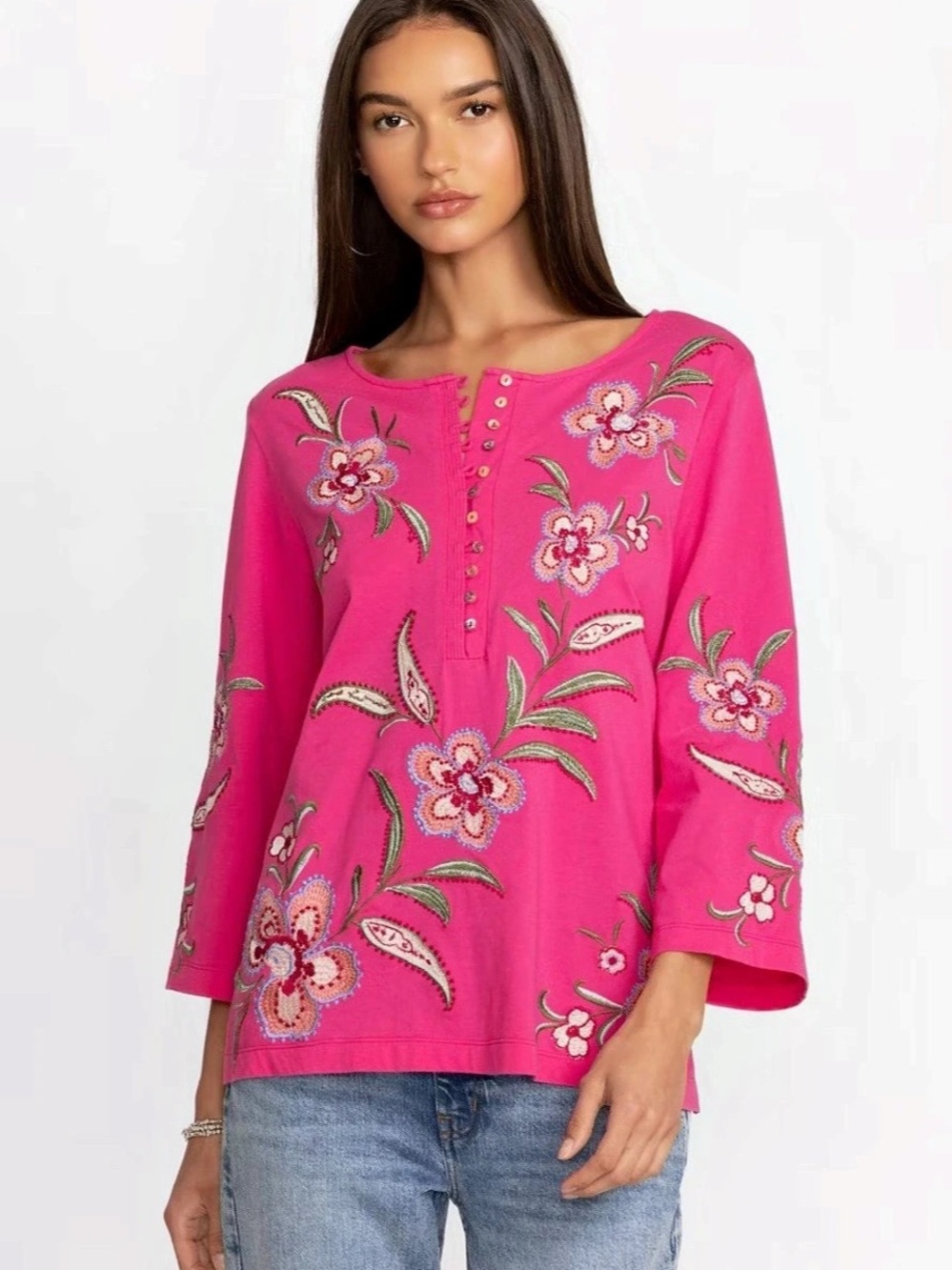 Johnny Was Embroidered LIBBI 3/4 SLEEVE BUTTON FRONT TEE Floral Pink